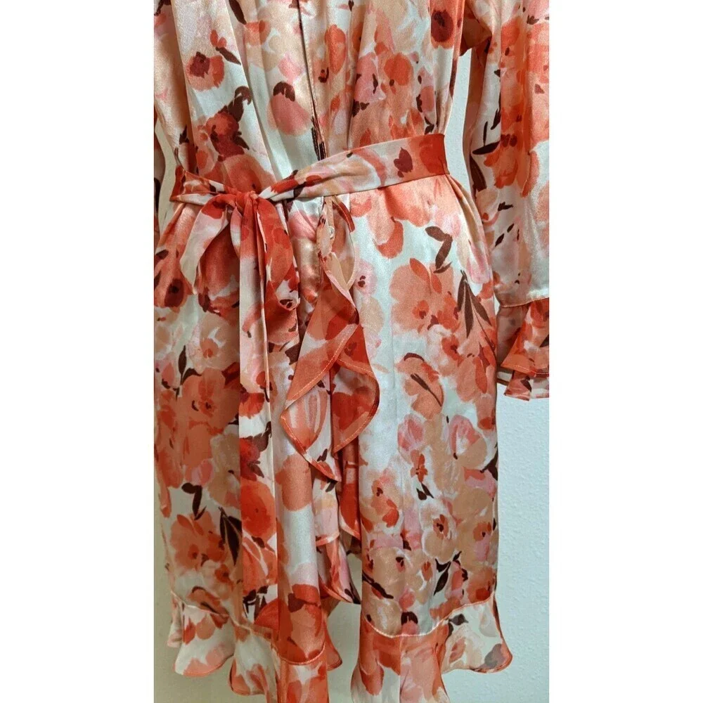 Women's Oscar de la Renta Pink Label Floral Print Ruffle Trim Robe LG
